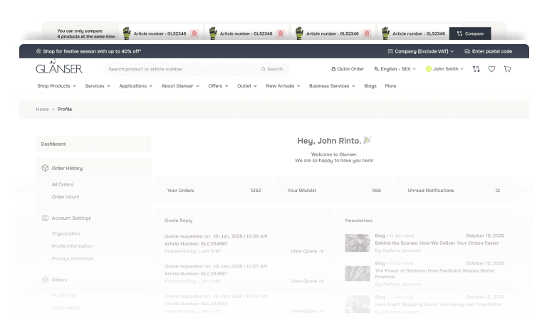Glanser My Pages dashboard